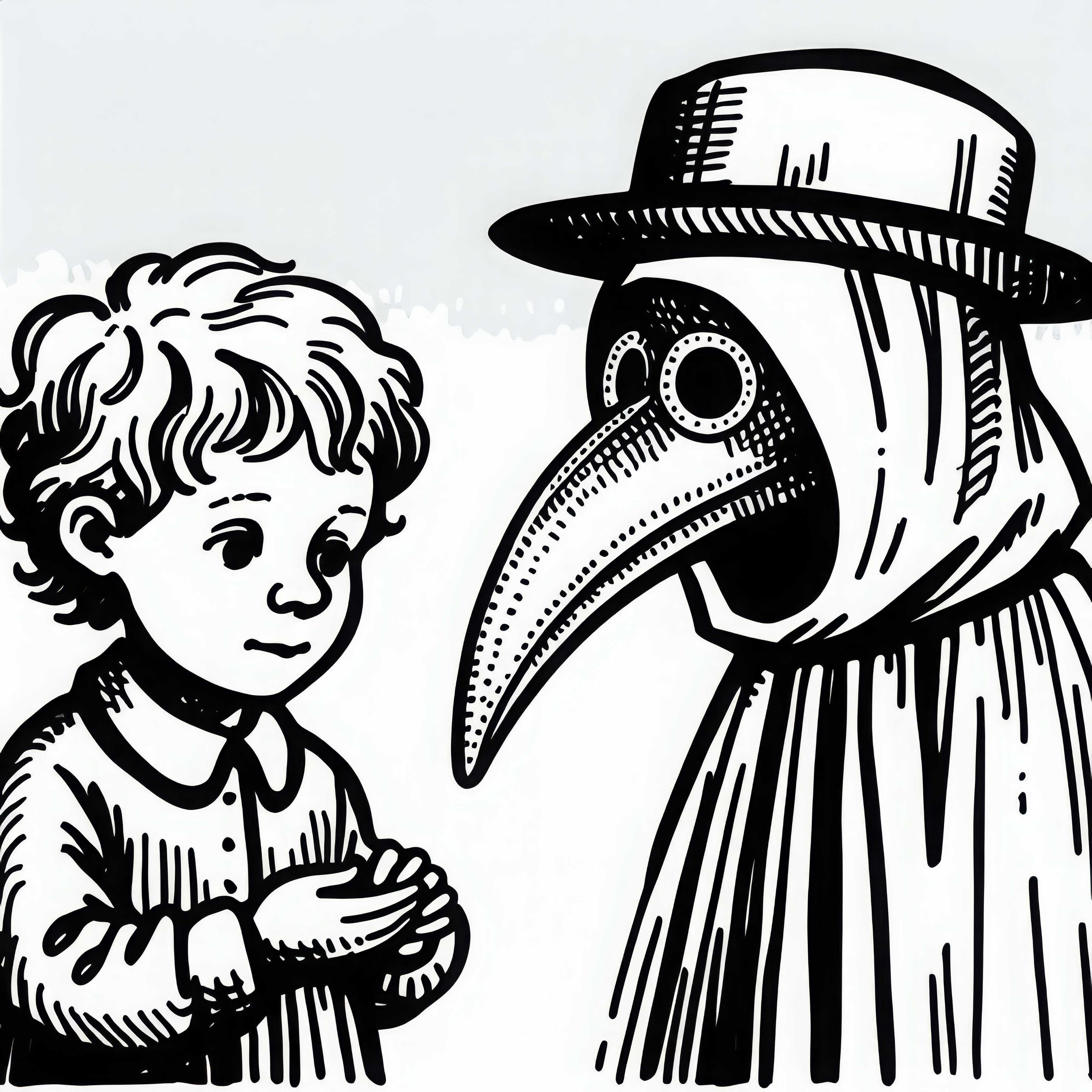 Дете с любопитство разглежда маската на лекаря от чумата с дълъг клюн &ndash; Оцветяваща картина на Черната смърт