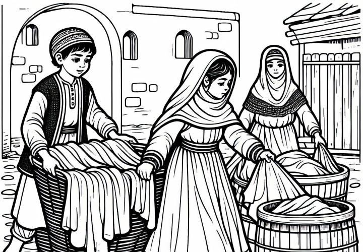 Децата носят свежи дрехи в пералнята – Оцветяваща страница Черен смърт Безплатно