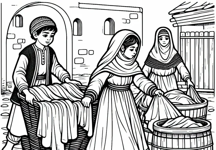 Дети носят свежую одежду в прачечную – раскраска Черной Смерти бесплатно