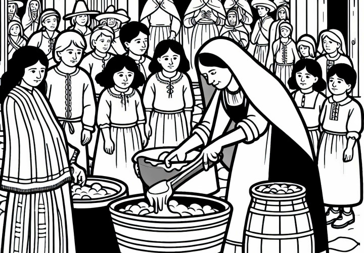 Децата наблюдават Бадерин, докато приготвя мехлеми - Безплатен шаблон за оцветяване на Черната смърт