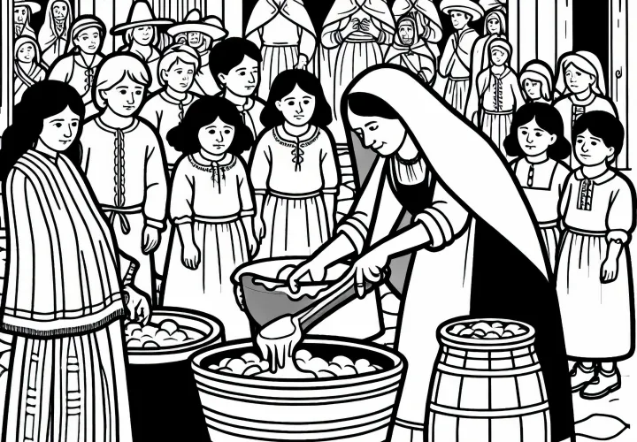 Дети наблюдают за купальщицей, готовящей мази - раскраска Черной Смерти бесплатно