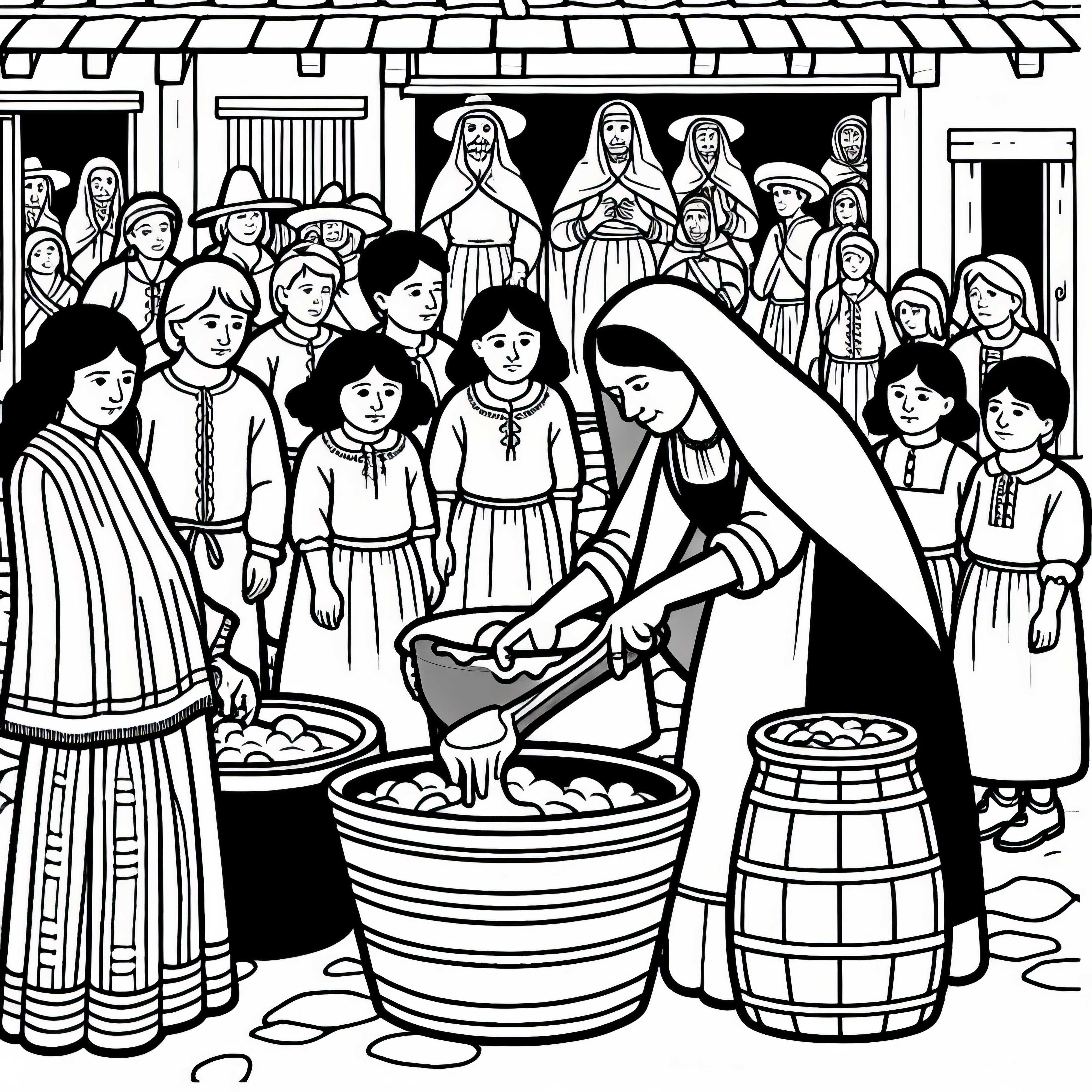 Децата наблюдават Бадерина при приготвянето на мехлеми - безплатен оцветяващ лист Черната смърт