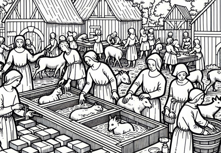 Eine Szene mit Kindern, die Seifenstücke aus Talg formen – Ausmalbild Schwarzer Tod kostenlos