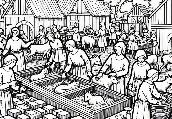 Сцена с детьми, которые лепят мыло из жира – Раскраска Черная Смерть бесплатно