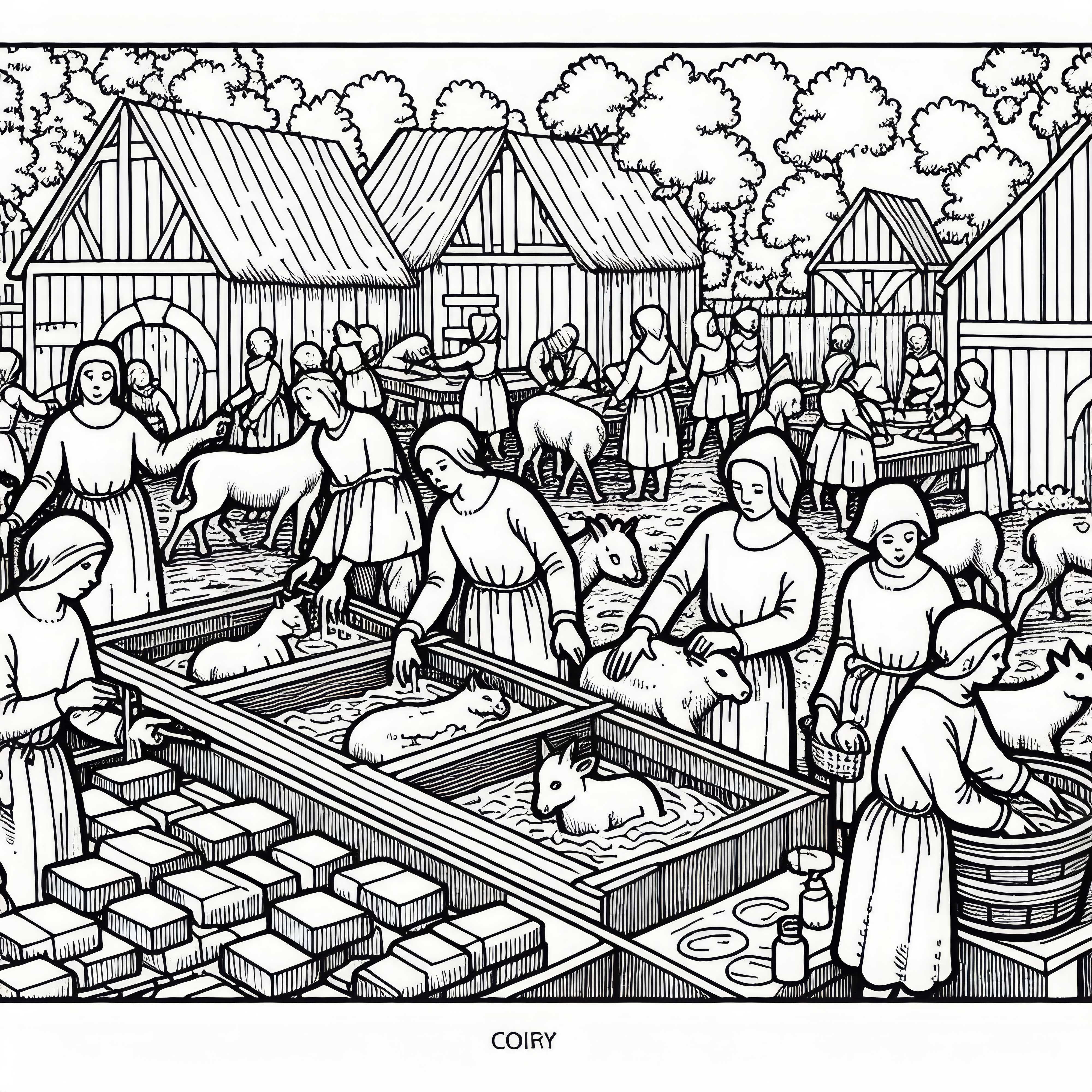 Eine Szene mit Kindern, die Seifenst&uuml;cke aus Talg formen &ndash; Ausmalbild Schwarzer Tod kostenlos