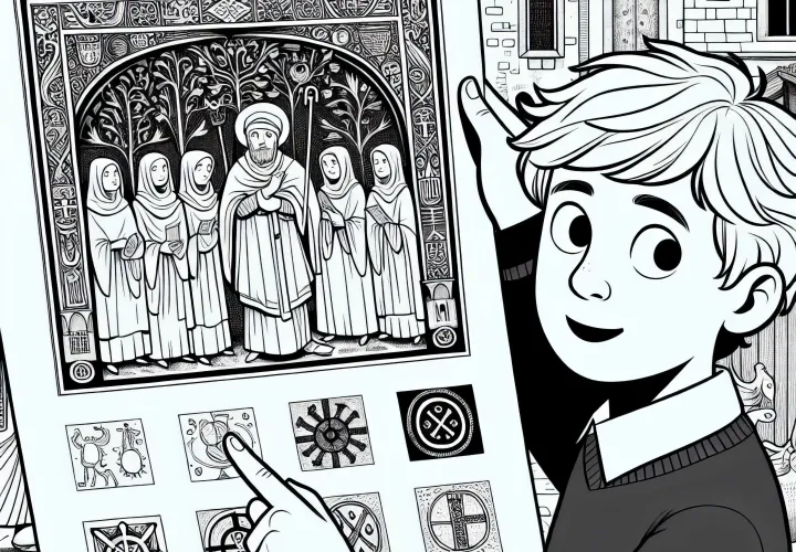 Мальчик указывает на изображение с защитными знаками, которые были установлены на домах – бесплатный шаблон раскраски Черной Смерти