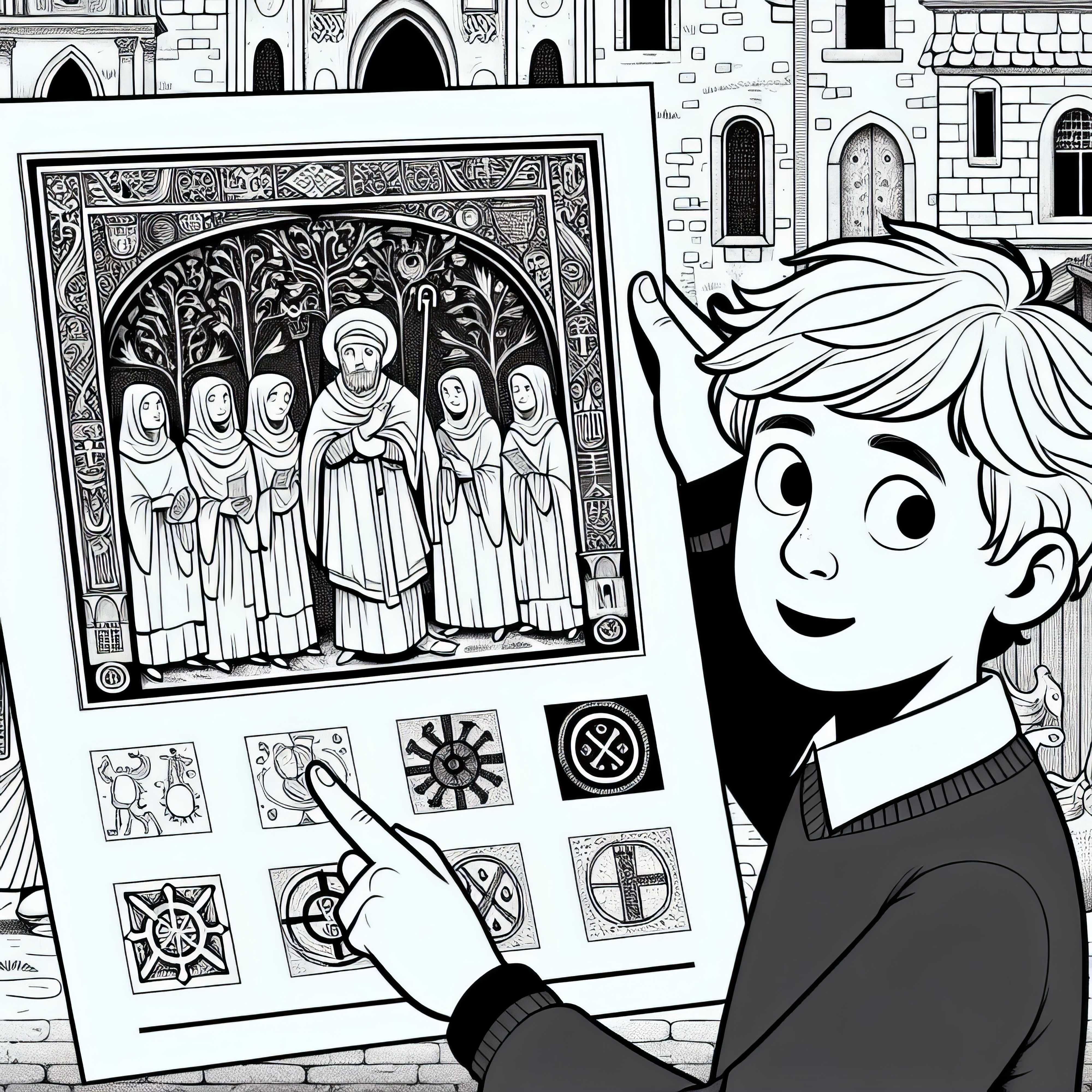 Menino aponta para imagem com sinal de proteção, que estava colocado nas casas – Modelo para pintar da Morte Negre gratuito