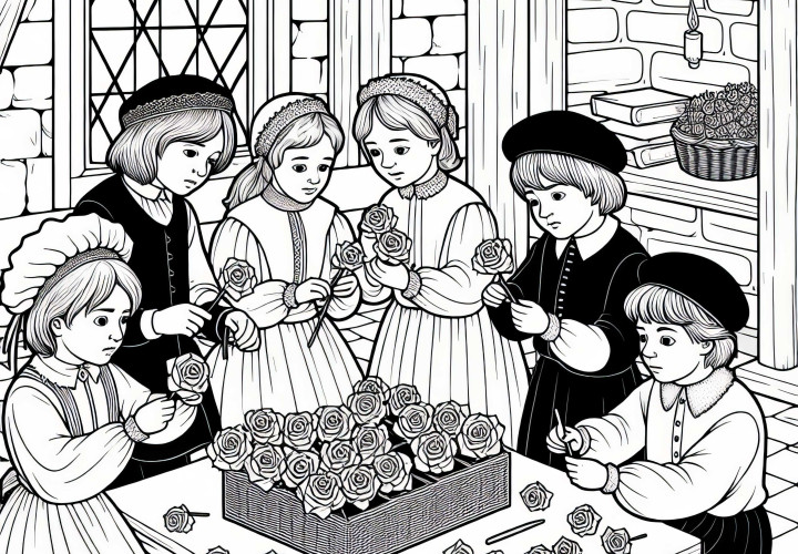 Crianças fazem rosas de papel para o ritual de memória – Desenho para colorir da Morte Negra