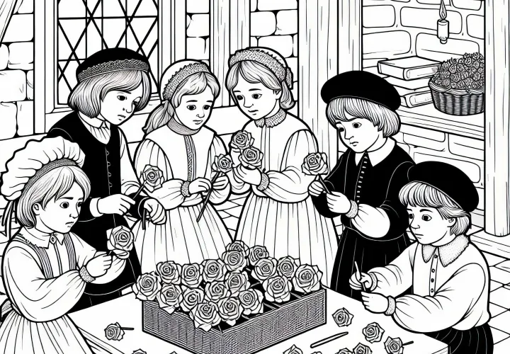 Дети делают бумажные розы для мемориального ритуала – раскраска Черная Смерть