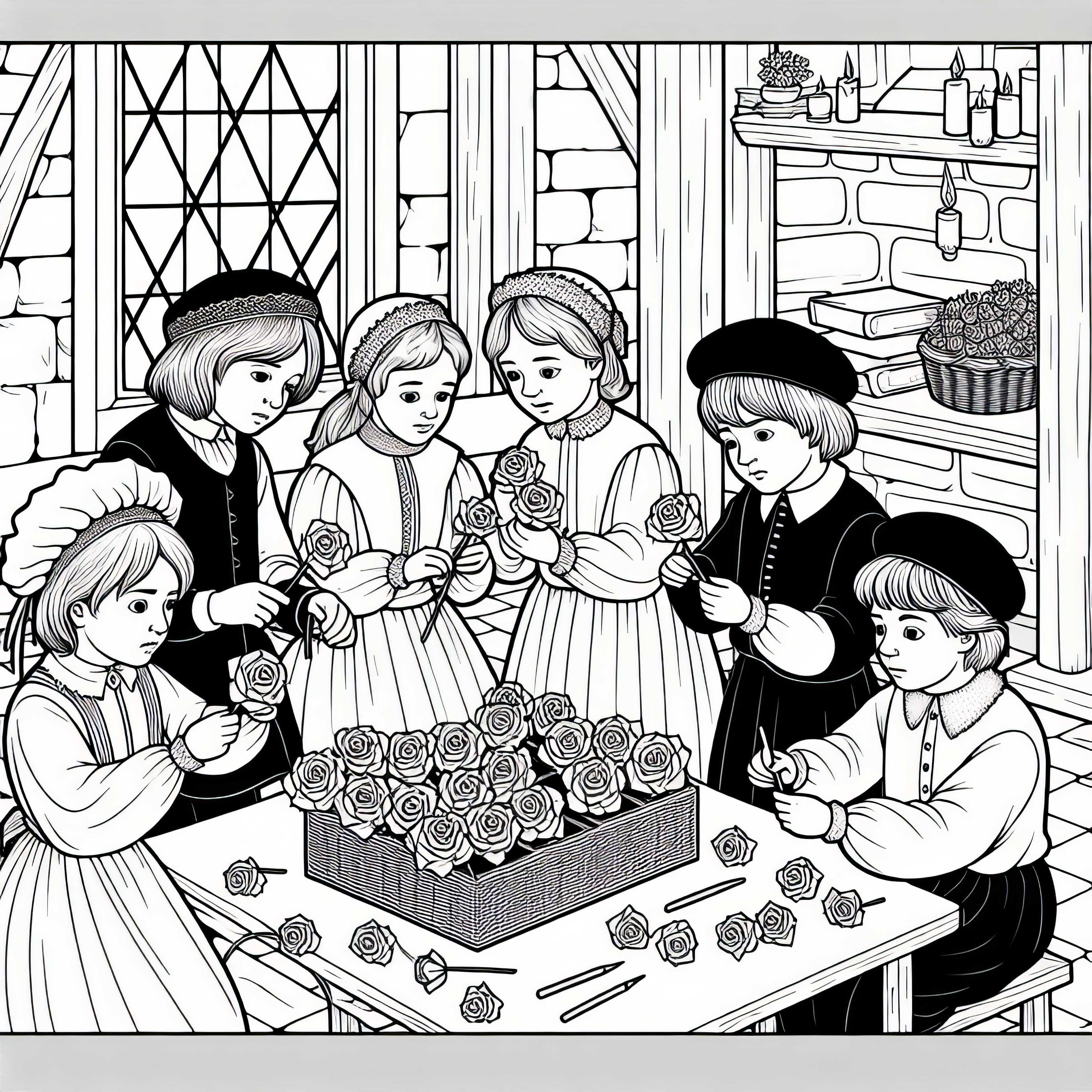 Crianças fazem flores de papel para um ritual de memória - Desenho para colorir da Morte Negra