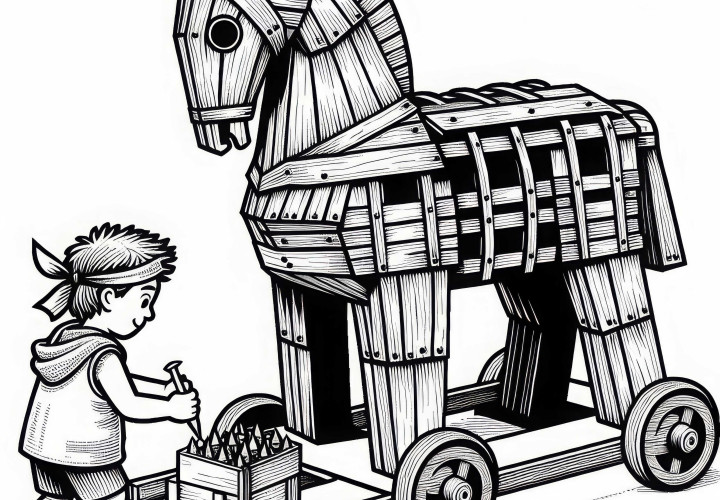 Момче прави модел на троянския кон – картина за оцветяване на исторически битки безплатно