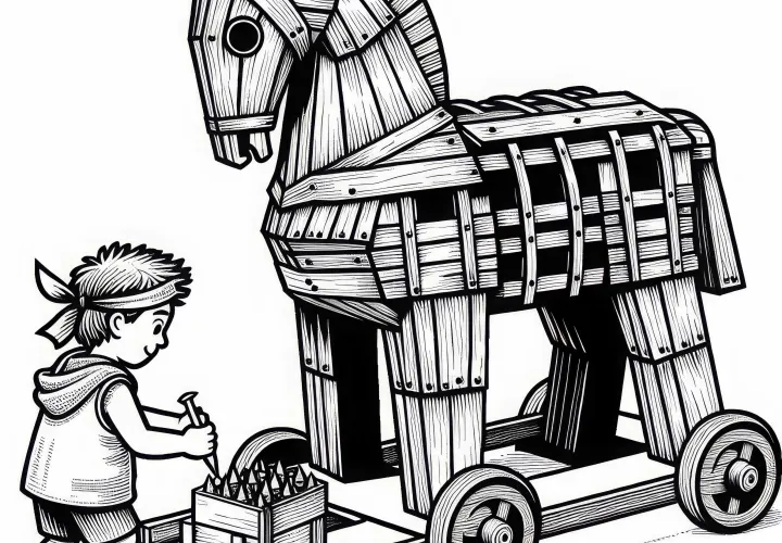 Мальчик собирает модель троянского коня – Раскраска исторических сражений бесплатно