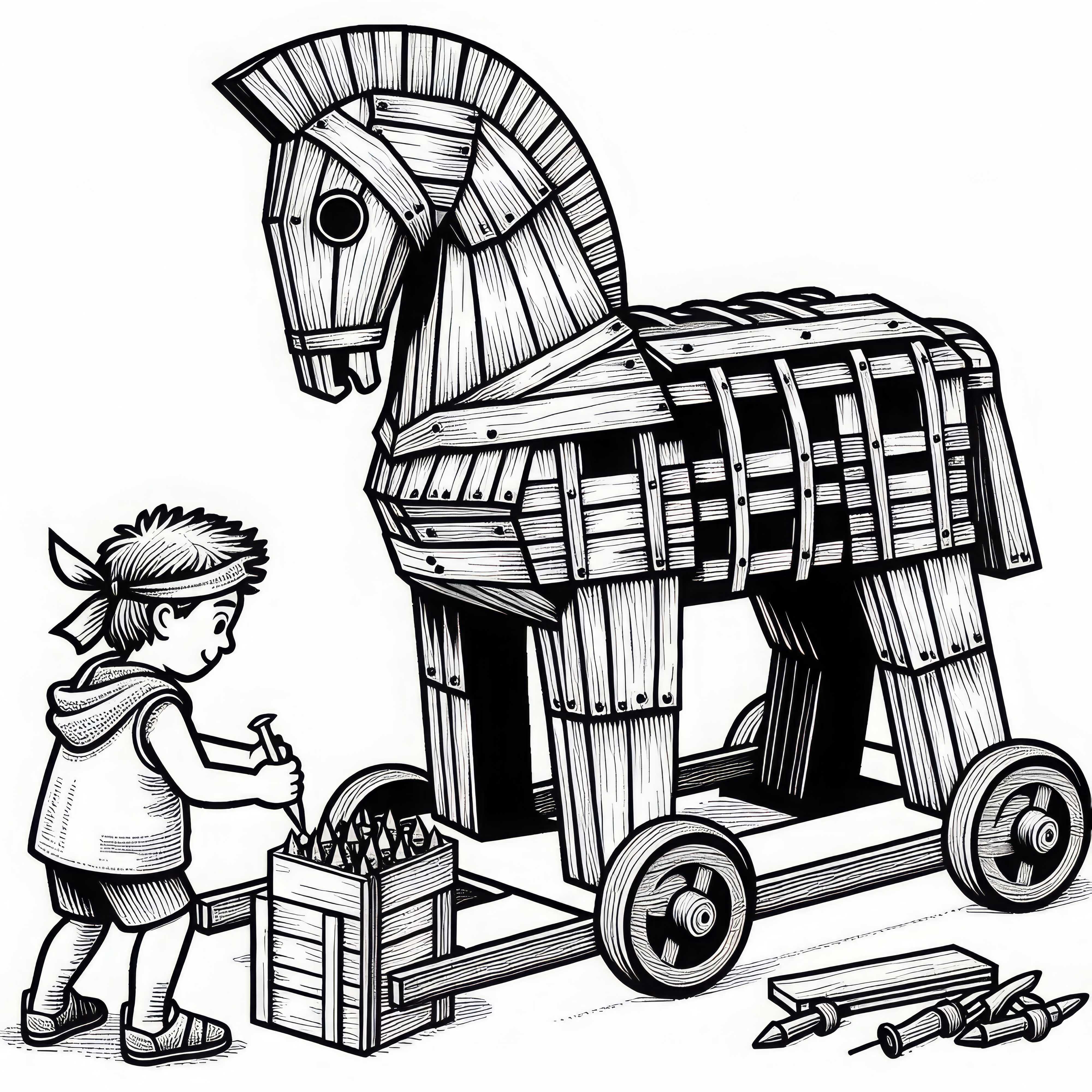 Момче прави модел на троянския кон – безплатна оцветяваща страница на исторически битки Момче изработва модел на троянския кон – Безплатен изображение за оцветяване на исторически битки