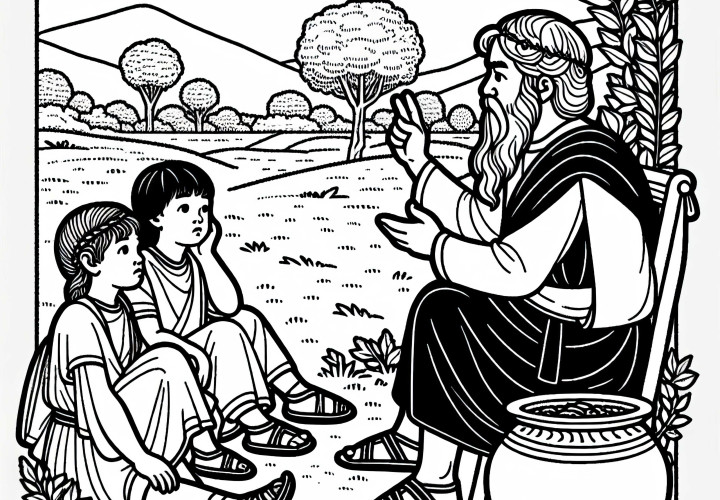 Децата слушат възрастен, който разказва историята на Троя – Безплатна оцветяваща страница на исторически битки