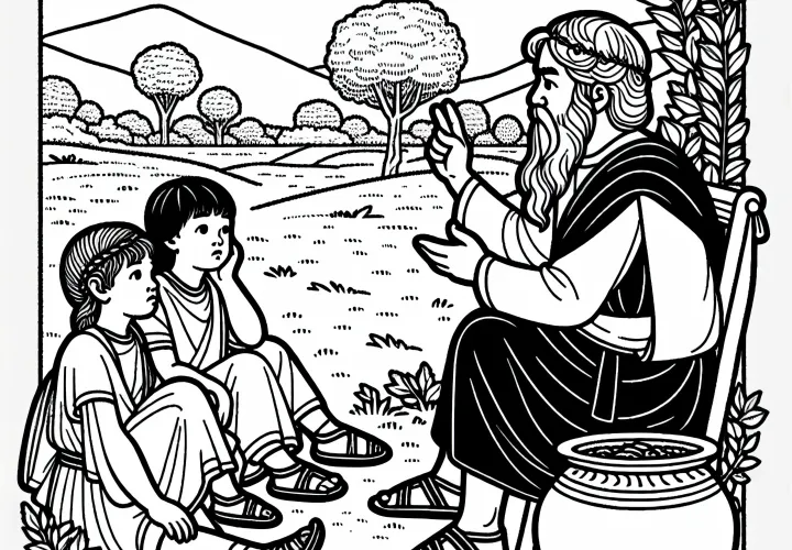 Дети слушают взрослого, который рассказывает историю Трои – раскраска исторических сражений бесплатно