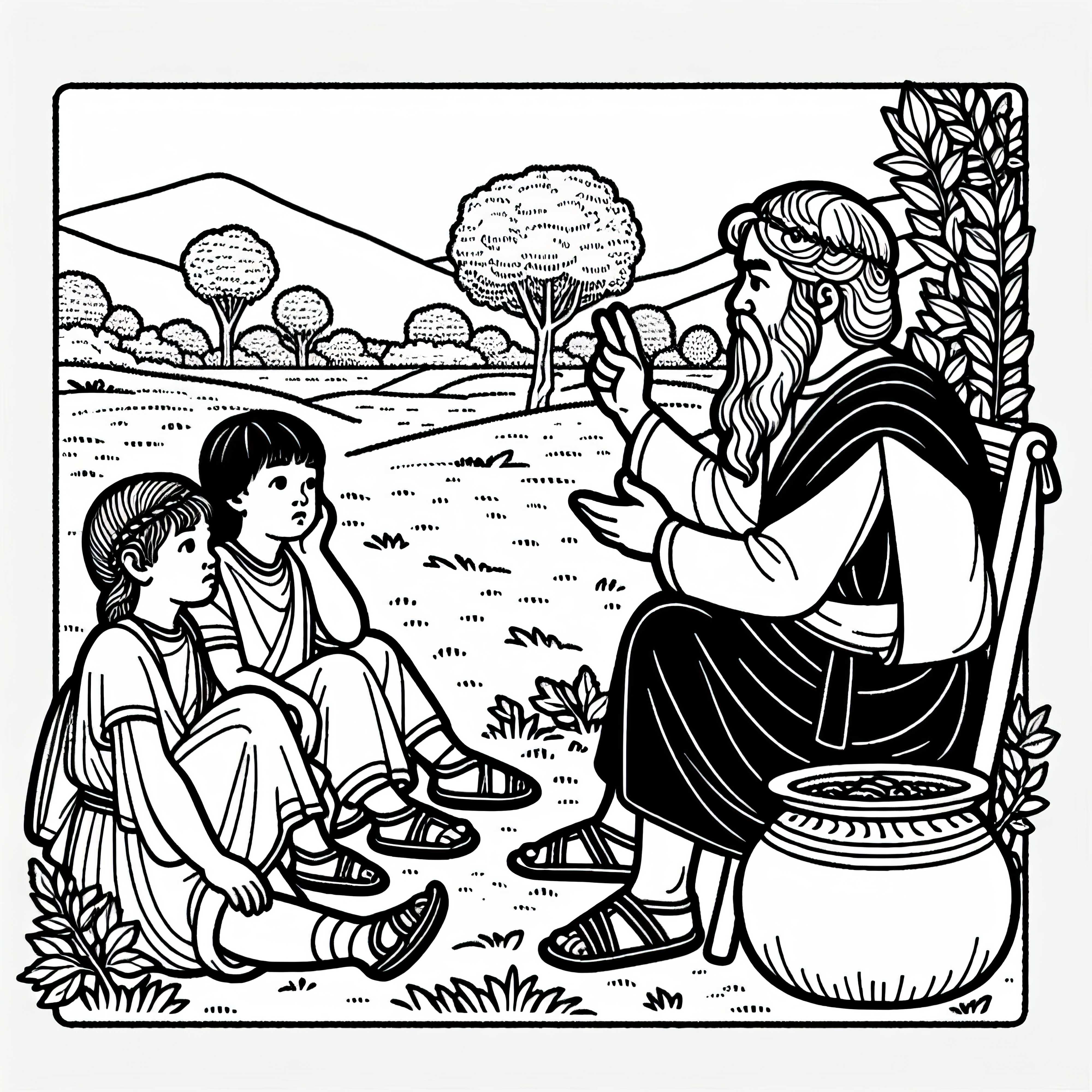 Децата слушат възрастен, който разказва историята на Троя – безплатна оцветяваща картинка на исторически битки Децата слушат възрастен, който разказва историята на Троя – безплатна оцветявка на исторически битки