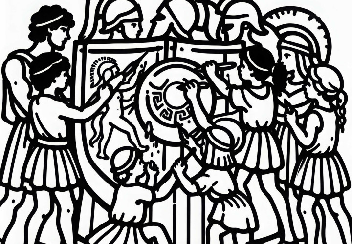 Децата рисуват щитове със символи на гърци и троянци – безплатен шаблон за рисуване на исторически битки