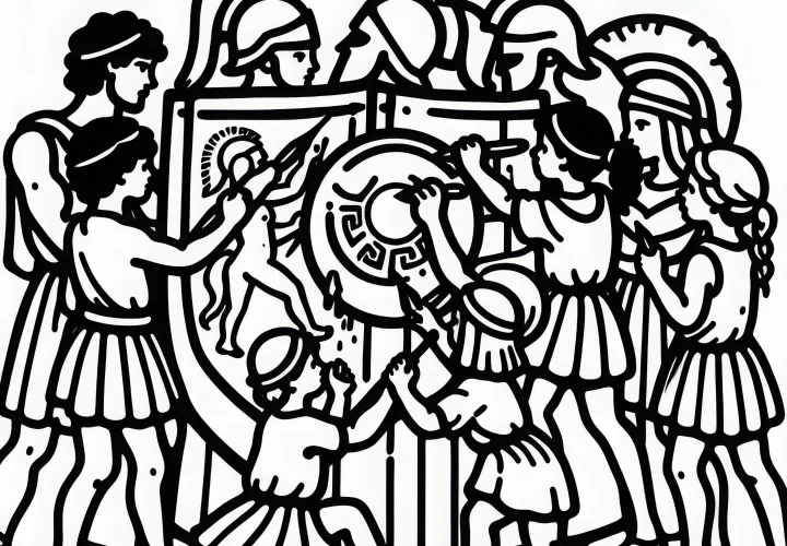 Дети рисуют щиты с символами греков и троянцев – раскраска исторических сражений бесплатно