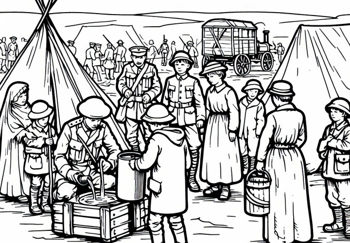 Полеви лагер: Децата помагат с носенето на вода – Безплатен шаблон за оцветяване на исторически битки