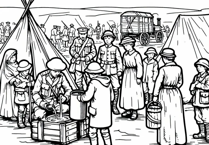 Полевой лагерь: Дети помогают с водой – бесплатный раскраска исторических сражений