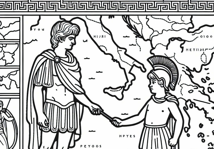 Римляни пред карта с исторически битки – Безплатна оцветяваща картинка