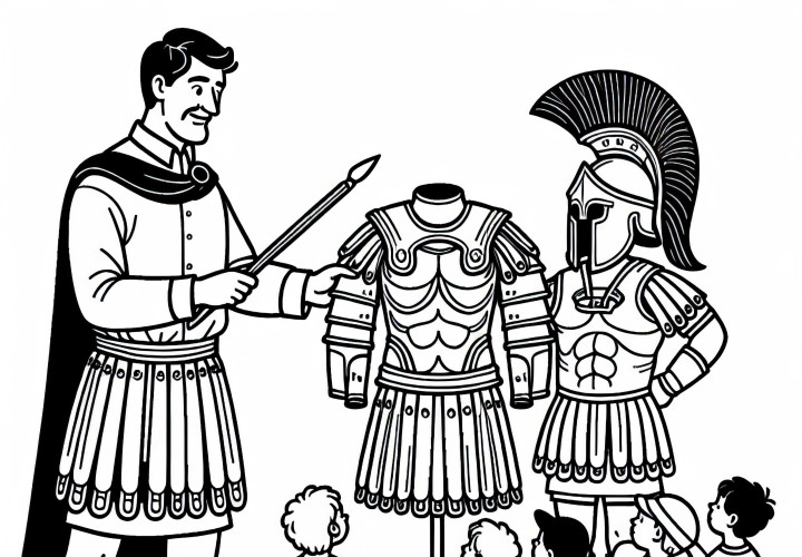 Учителят обяснява бронята на спартански войник – Оцветяваща картинка исторически битки безплатно