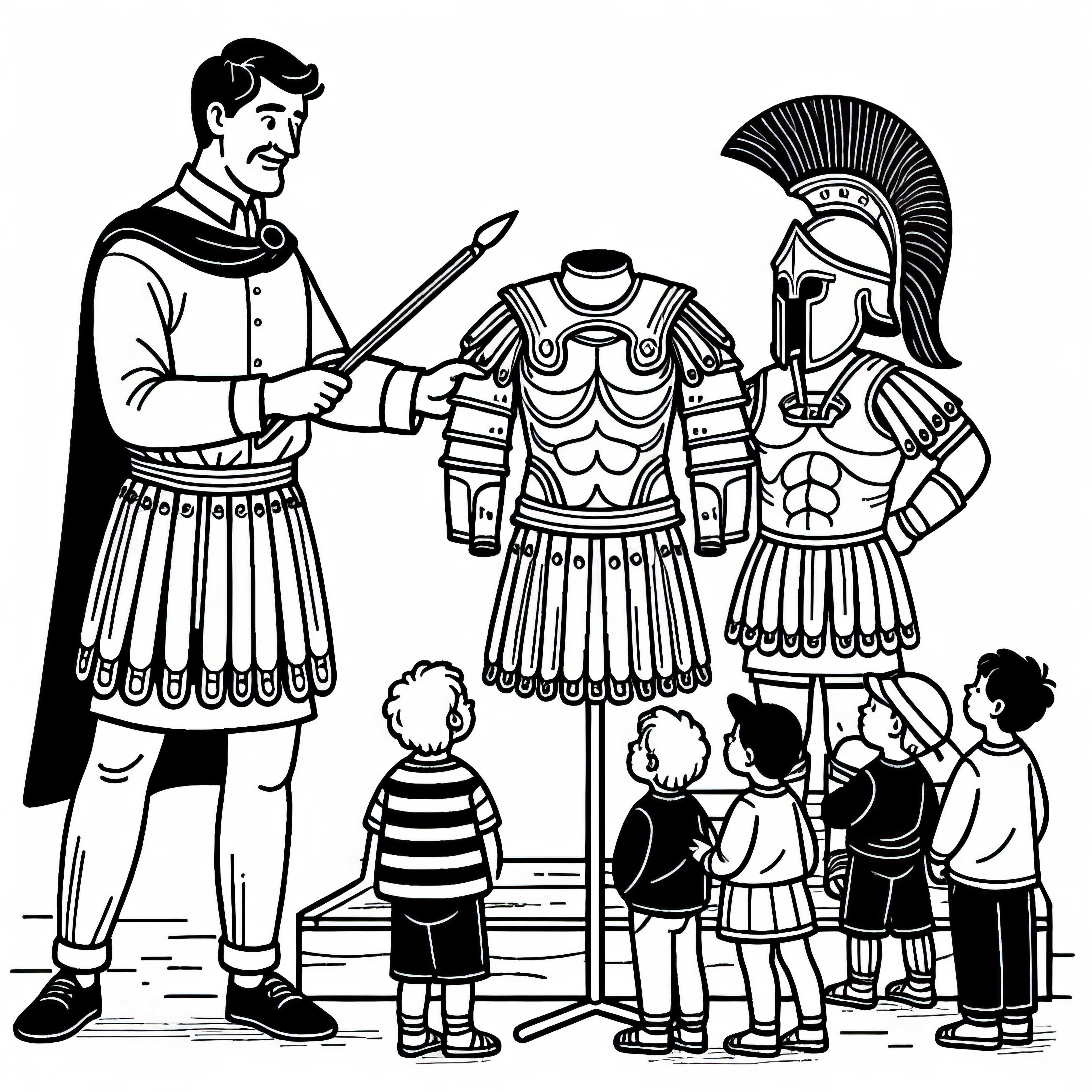 Учителят обяснява бронята на спартански воин – Оцветяваща картина на исторически битки безплатно Учителят обяснява екипировката на спартански воин - безплатна оцветяваща книга с исторически битки