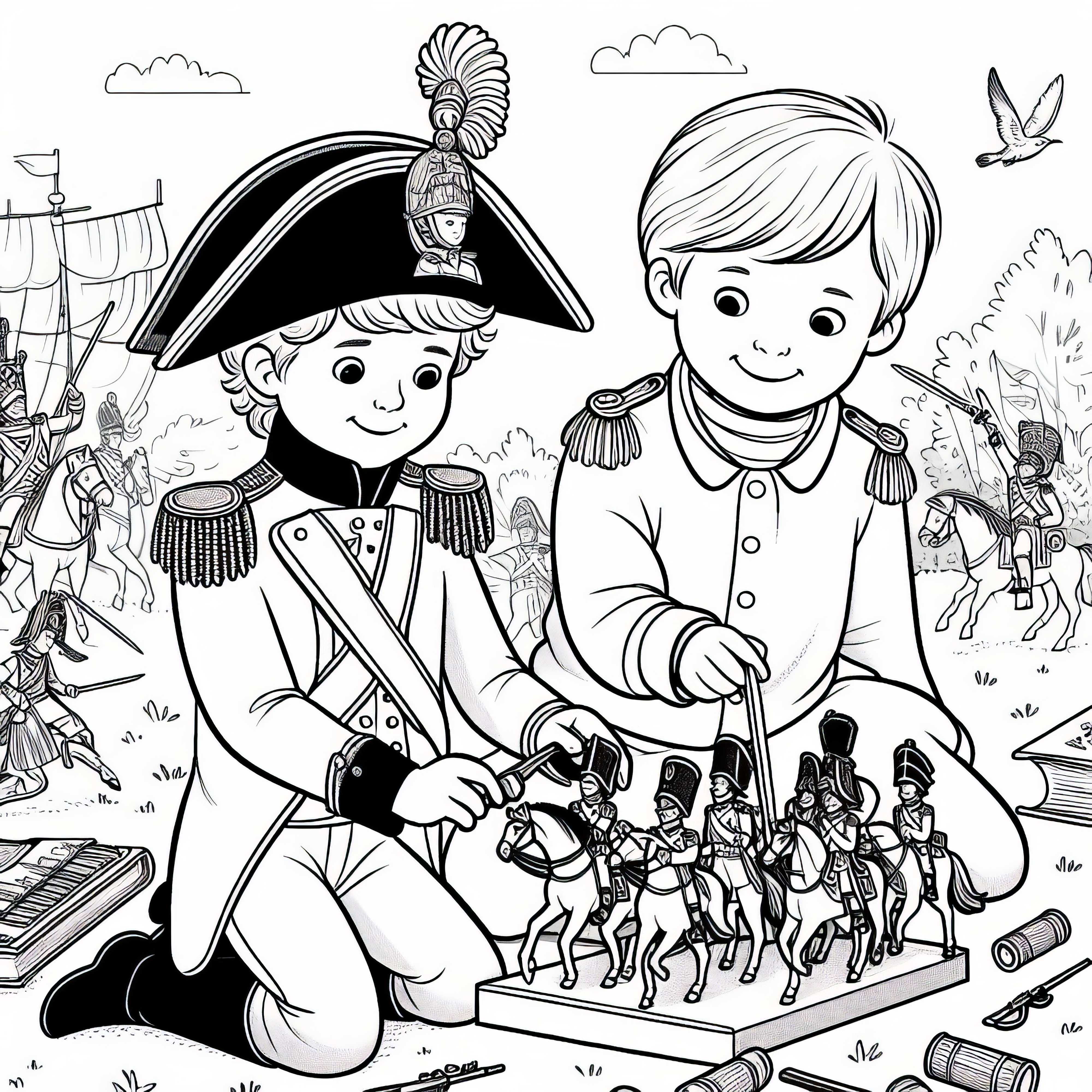 Децата играят Наполеоновите кампании с оловни фигурки – Оцветяване на исторически битки безплатно Децата играят на Наполеоновата кампания с цинкови фигурки – Безплатна оцветяваща картина на исторически битки