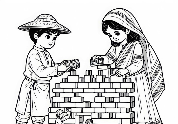 Децата строят от строителни блокчета Мини-монтаж по оцветяваща страница Исторически битки Безплатно