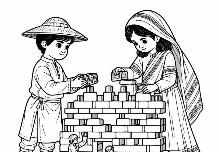 Дети строят из кирпичиков мини-конструкцию по раскраске исторических битв бесплатно