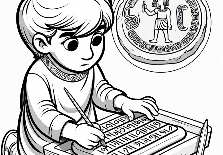 Момче пише с дървено회че знаци на глинена плоча – безплатен шаблон за рисуване на хетите