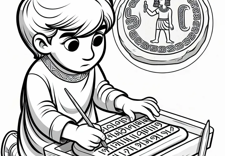 Мальчик рисует деревянной палочкой знаки на глиняной табличке – бесплатный шаблон для раскрашивания хеттов