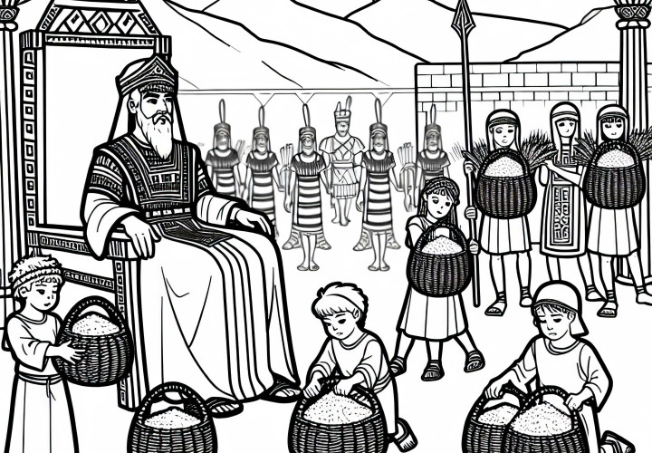 Конигсхоф: Децата носят кошници с зърно – Оцветяваща страница на хетите за безплатно изтегляне