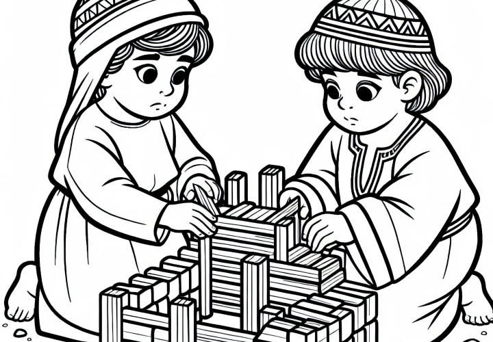 Децата изграждат малка градска врата от дърво по хетитски образец – рисунка за оцветяване за хетитите безплатно