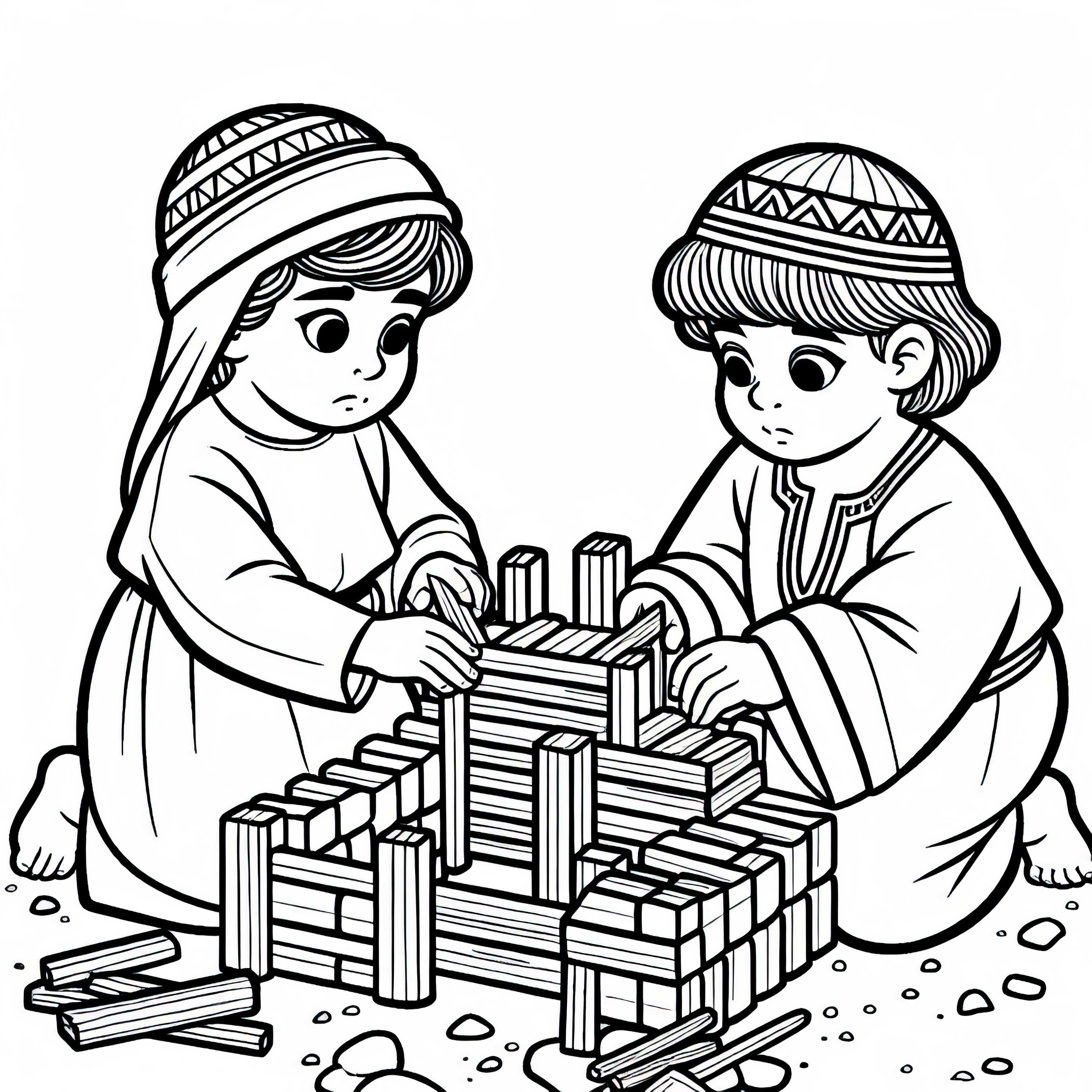 Децата строят от дърво малка градска порта по хетитски образец - оцветяваща страница за хетити безплатно Децата строят от дърво малка градска врата по хетитски образец - Оцветявка за хетити безплатно