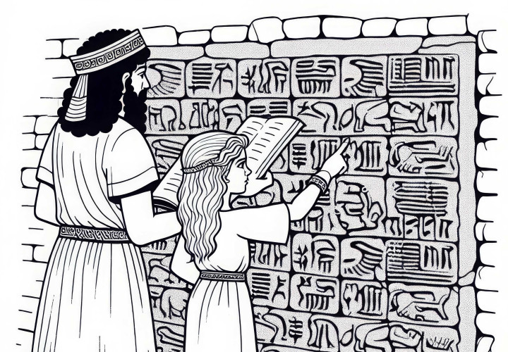 Момиче сочи към каменна стена с клинописни знаци - безплатен шаблон за оцветяване на хетити