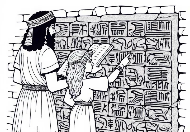 Девочка указывает на каменную стену с клинописными знаками – Бесплатная раскраска Хеттов
