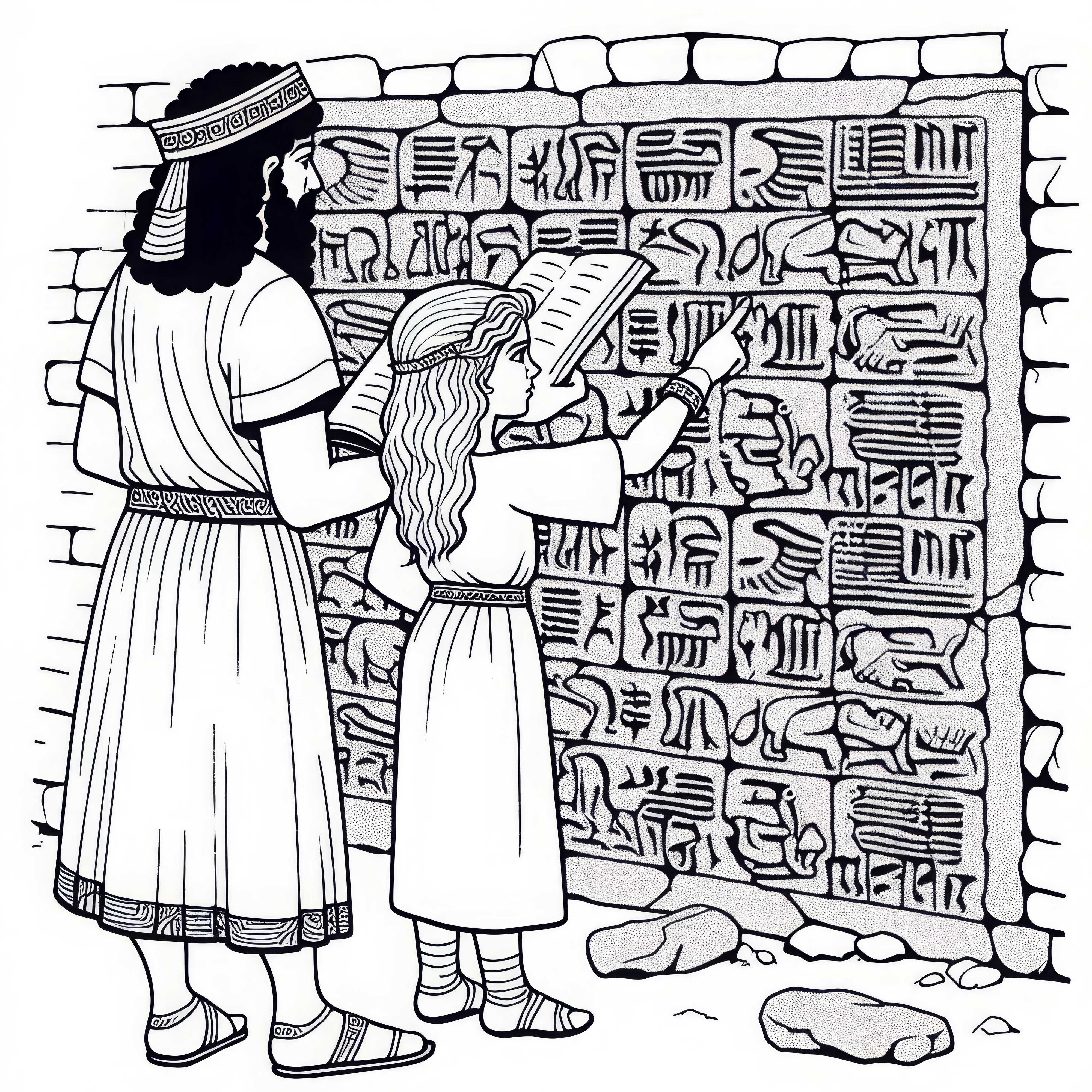 Момиче посочва каменна стена с клинописни символи – безплатен шаблон за рисуване на хетите Момиче показва на каменна стена с клинописни знаци - безплатна шаблон за оцветяване на хетити