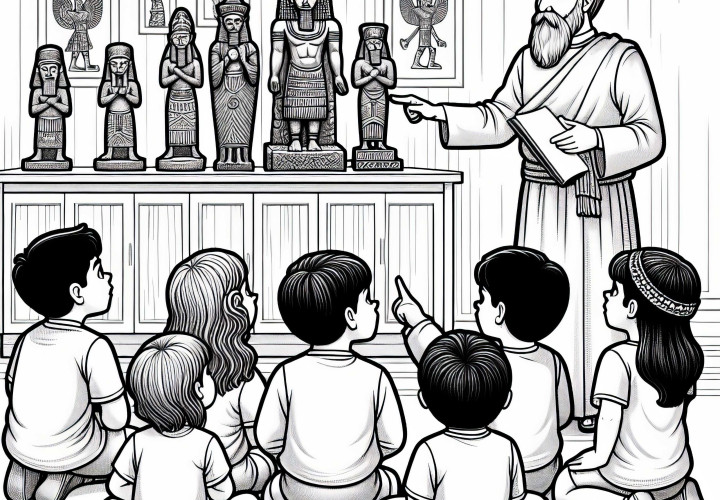 Децата слушат обяснението на учен за стари статуи на богове - Безплатна оцветяваща страница на Хети