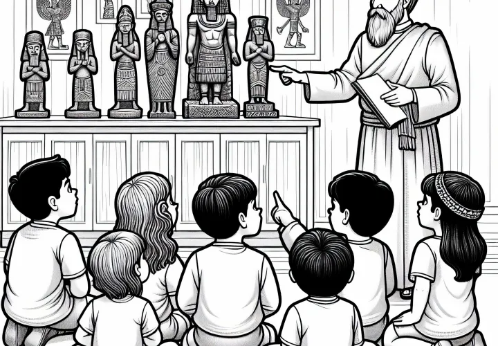 Дети слушают объяснение ученого о древних статуях богов – Бесплатная раскраска хеттов