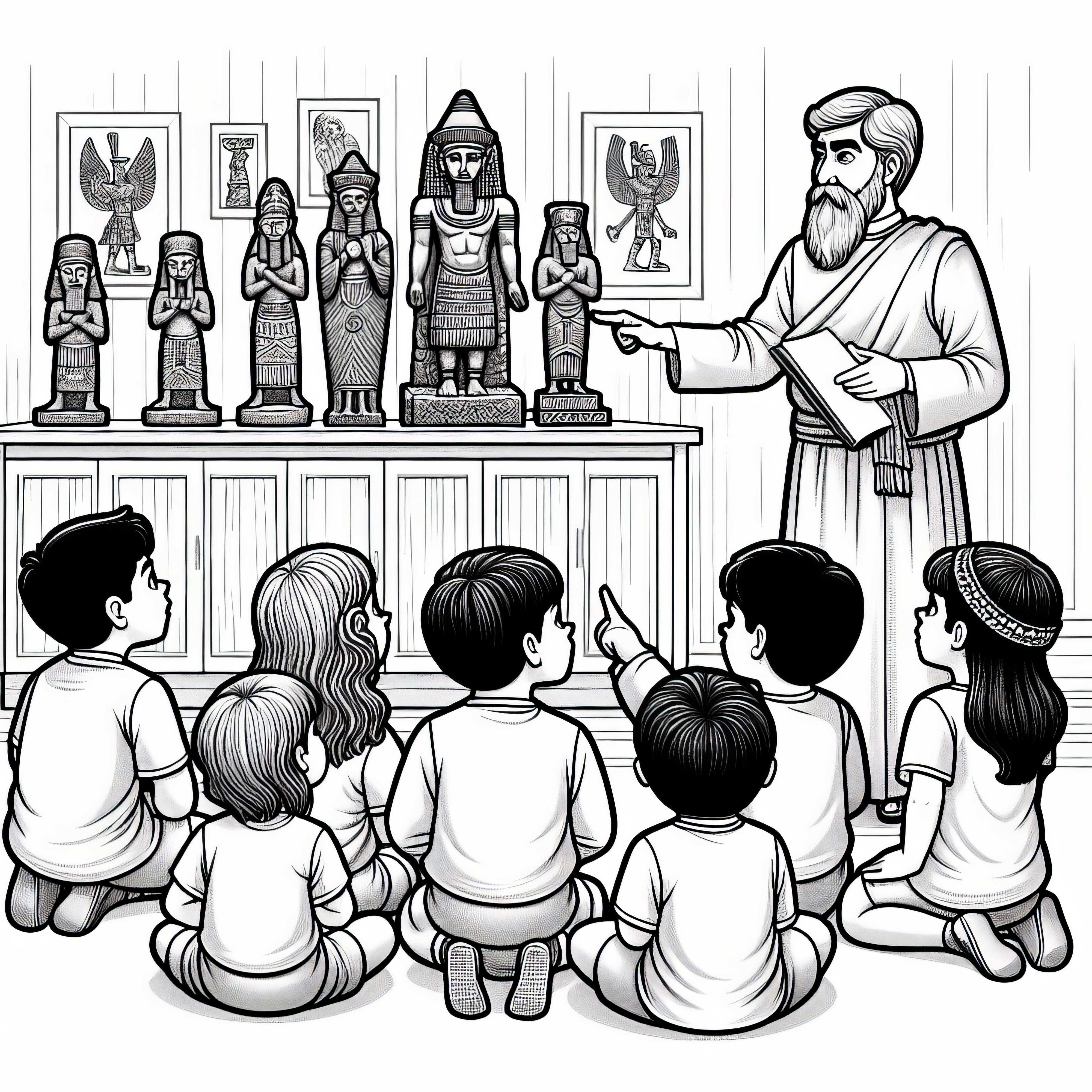 Деца слушат обяснението на учен за стари статуи на богове – Безплатна оцветяваща страница хетити Децата слушат обяснението на учен за стари статуи на богове – безплатна оцветяваща страница на хетите
