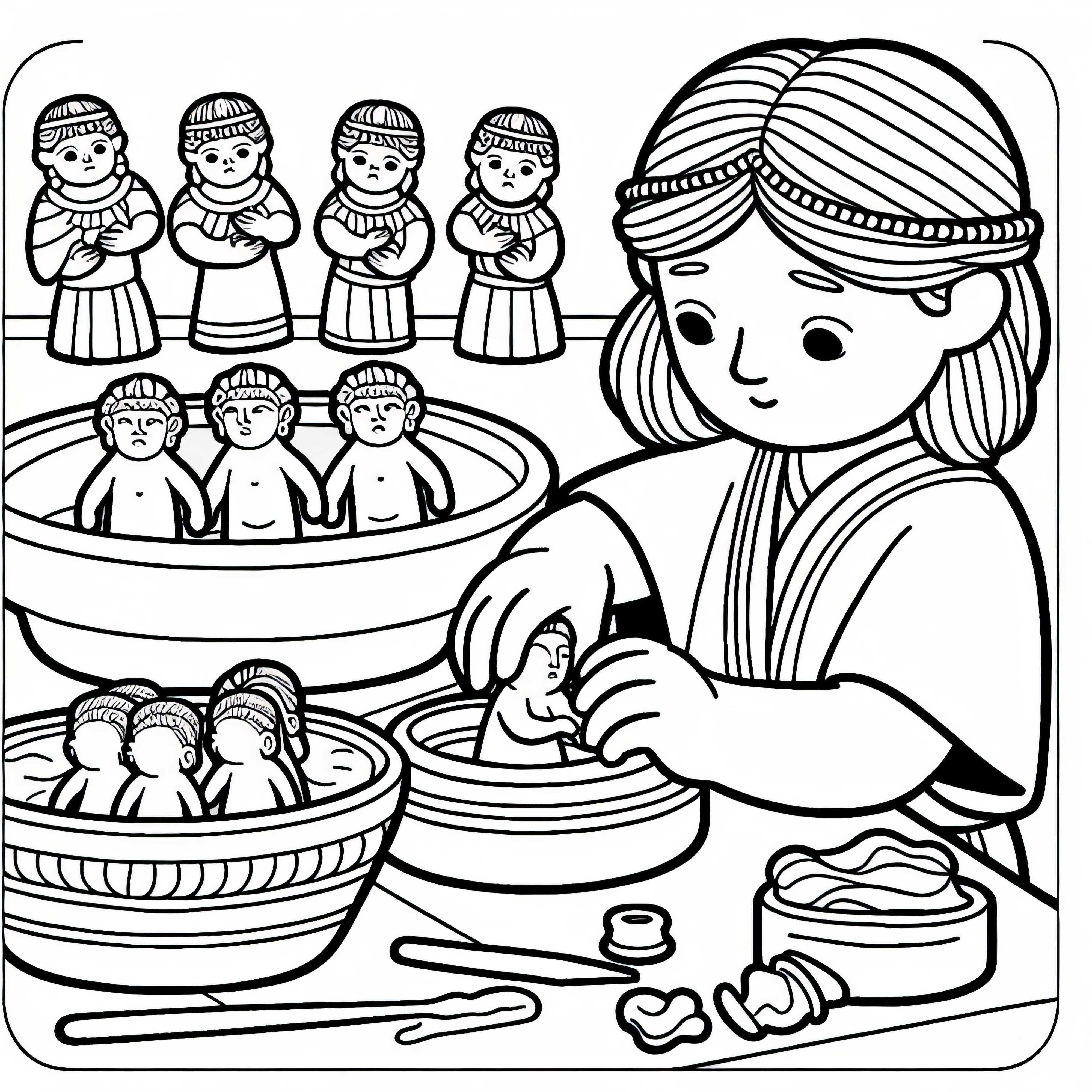 Дете оформя малки фигури от глина – Картинка за оцветяване на хетите безплатно Детето оформя малки фигурки от глина – безплатна оцветяваща страница Хетити