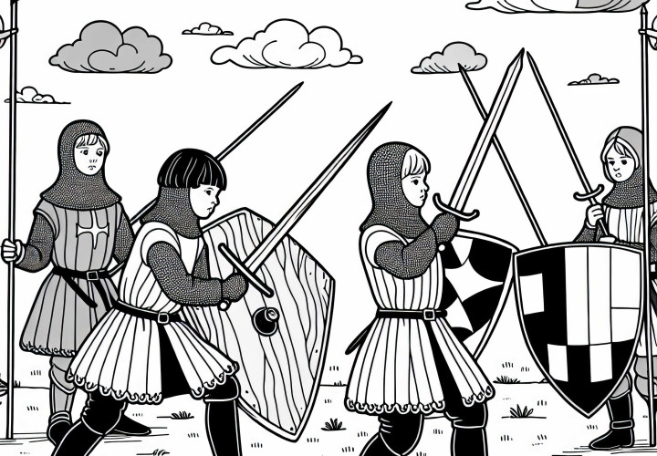 Децата упражняват бой с дървено меч и платнен щит – безплатен шаблон за оцветяване на рицарски орден