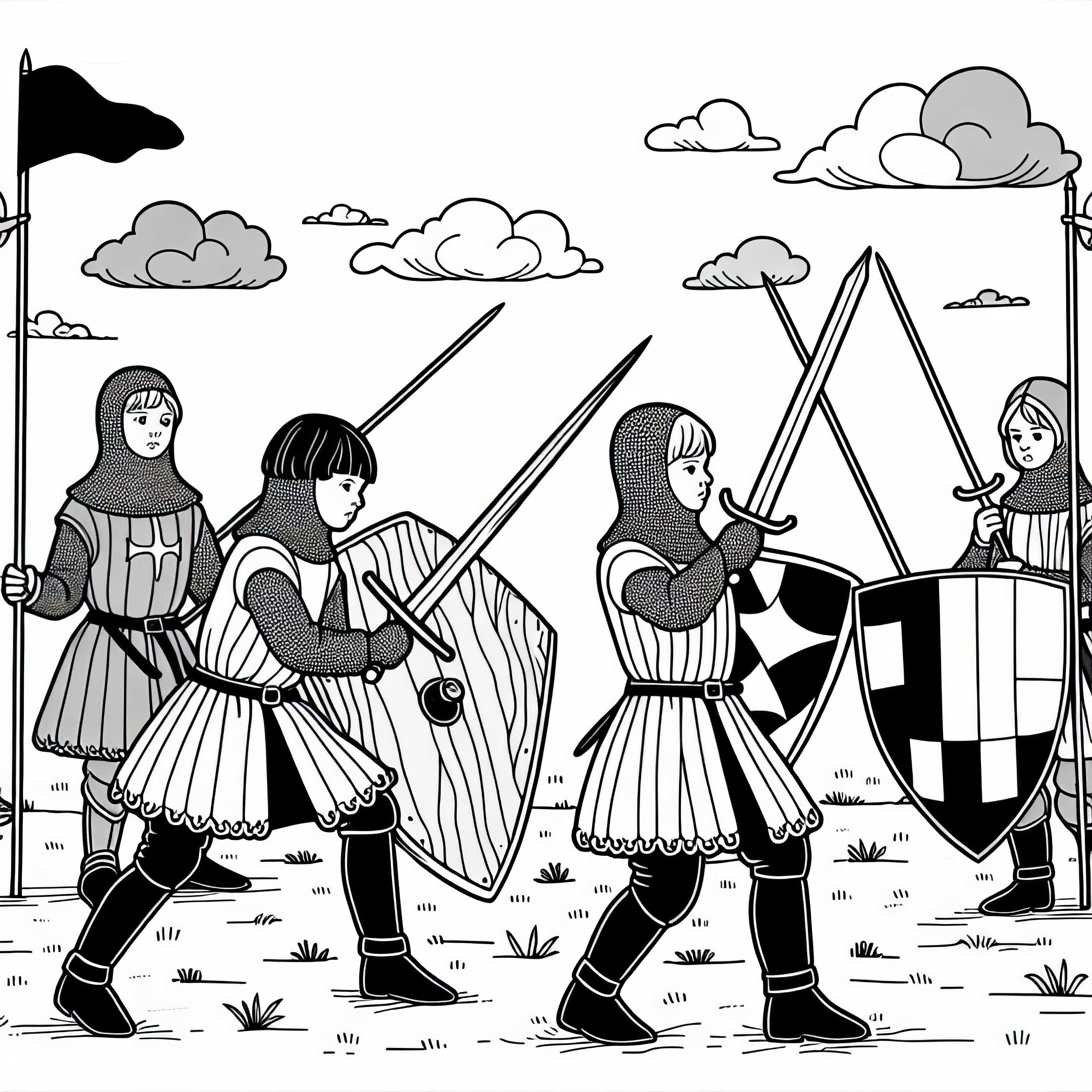 Деца тренират бой с дървено меч и платен щит – безплатен шаблон за оцветяване на рицарски орден Децата тренират бой с дървено меч и платен щит – Безплатен шаблон за оцветяване на рицарски орден