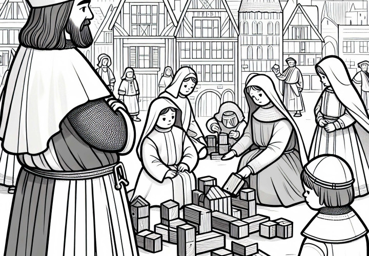 Децата строят малка болница от дървени трупи, вдъхновена от Йоанитите. Безплатна издълбана рисунка на рицарски орден