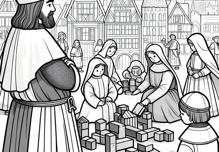 Дети строят маленькую больницу из деревянных брусков, вдохновлённые Иоаннитами. Раскраска рыцарского ордена бесплатно