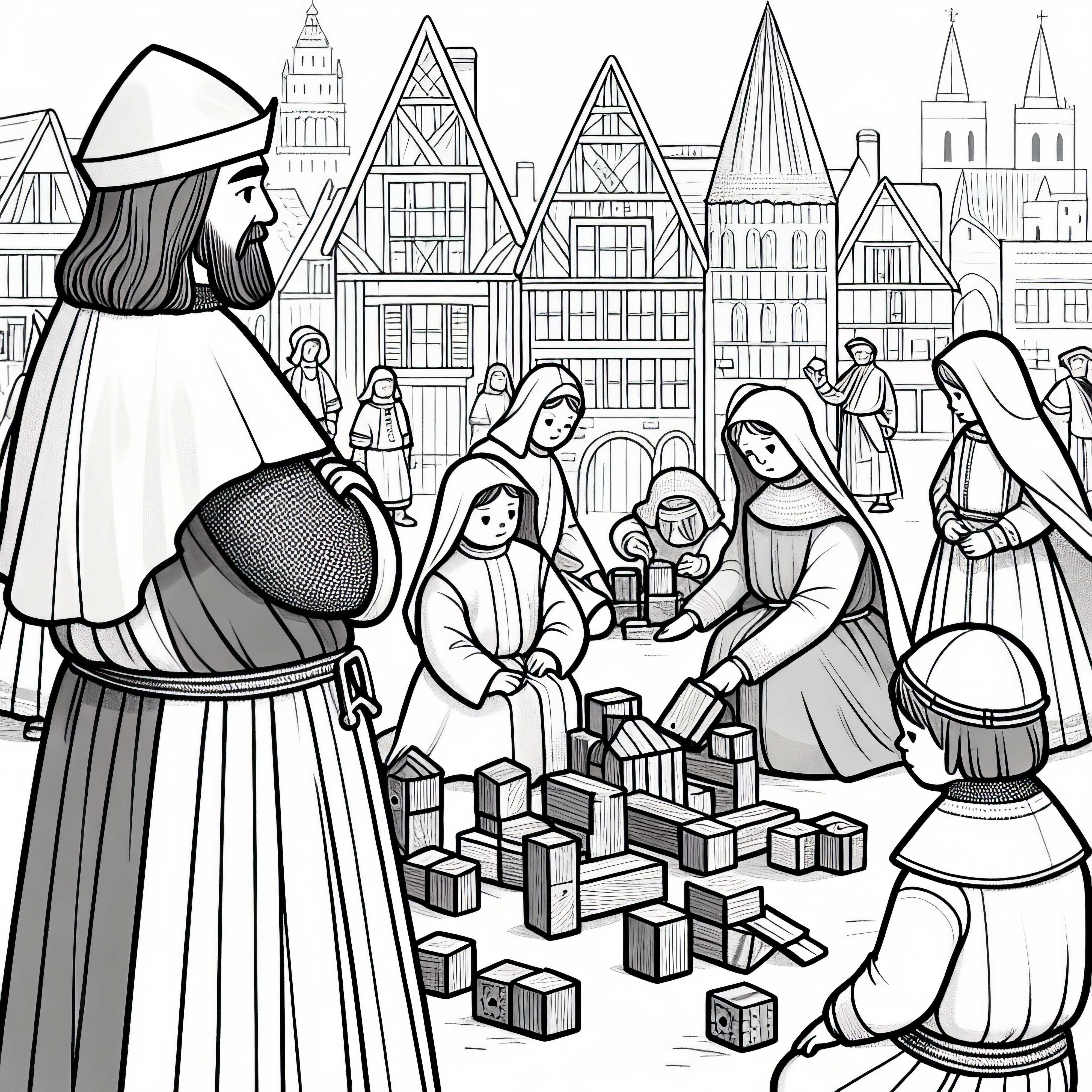 Децата построяват малка болница от дървени блокчета, вдъхновена от Йоанитите. Безплатна рисунка за оцветяване на рицарски орден Децата строят малка болница от дървени блокчета, вдъхновена от Йоанитите. Оцветяваща рисунка на рицарски орден безплатно