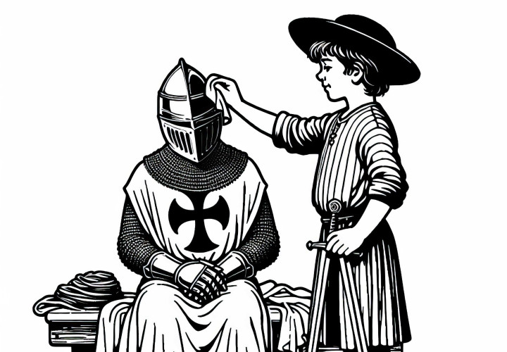 Момче помага при почистването на рицарски шлем – Оцветяваща страница на рицарски орден безплатно