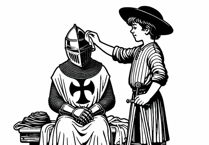 Мальчик помогает чистить шлем крестоносца - раскраска рыцарского ордена бесплатно