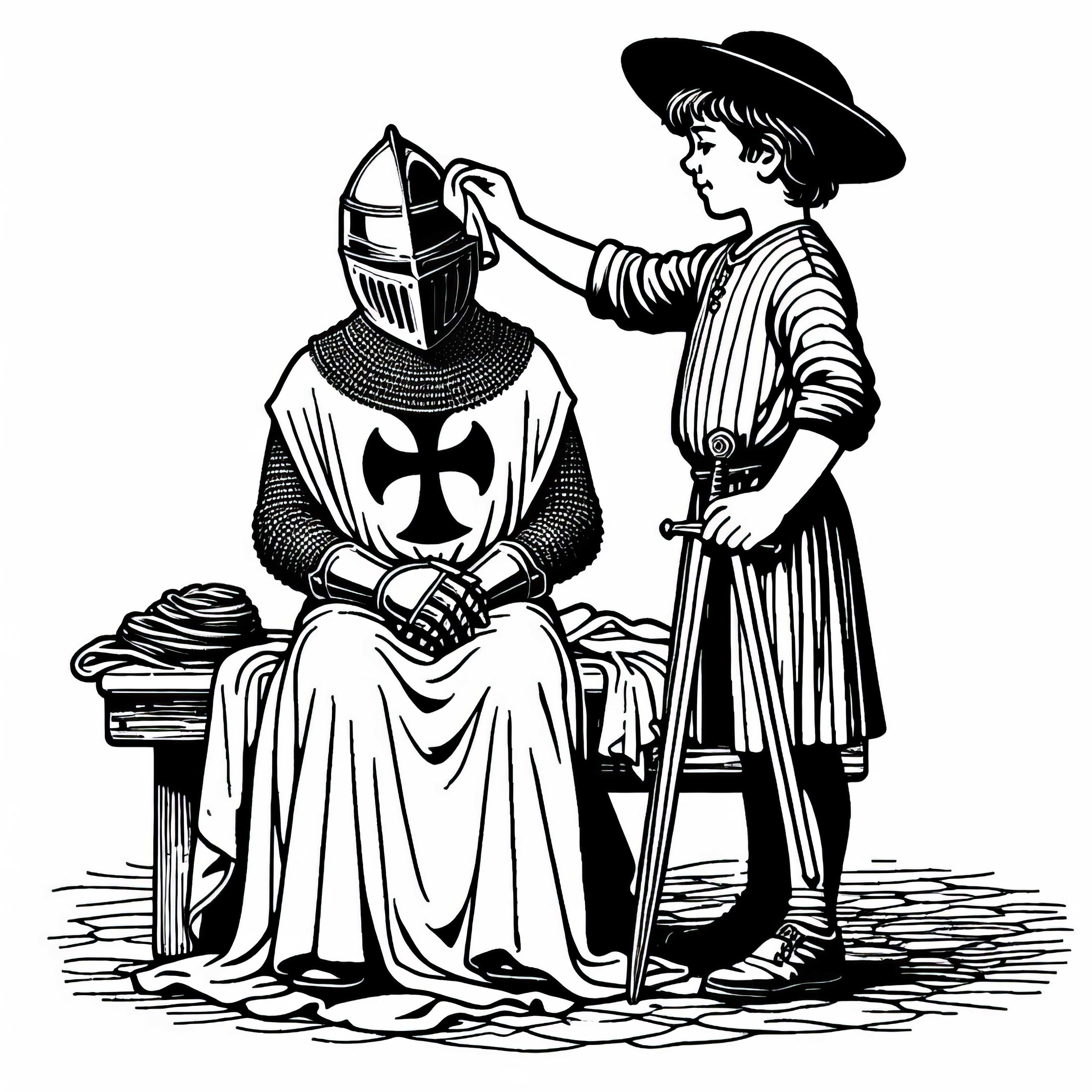 Момчето помага при почистването на рицарски шлем - картина за оцветяване на рицарски орден безплатно Момчето помага за почистването на рицарски шлем – Безплатна оцветяваща картина на рицарски орден